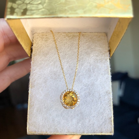 Getana 14k Citrine Diamond Pendant and Fine Chain Solid Yellow Gold Princess Cut - Picture 2 of 12